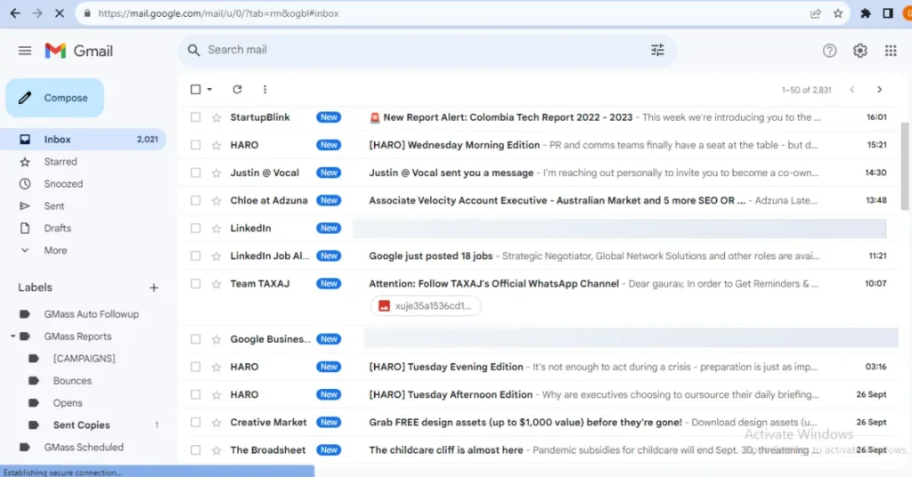 Screenshot of my Gmail where some haro mail's shown